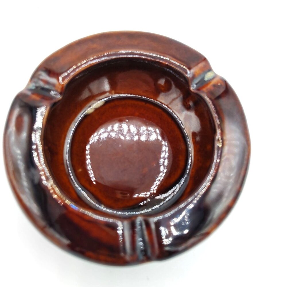 Vintage Ashtray Brown Drip Glazed Round Ceramic NEVCO 4.25 Inch Brown Hues
